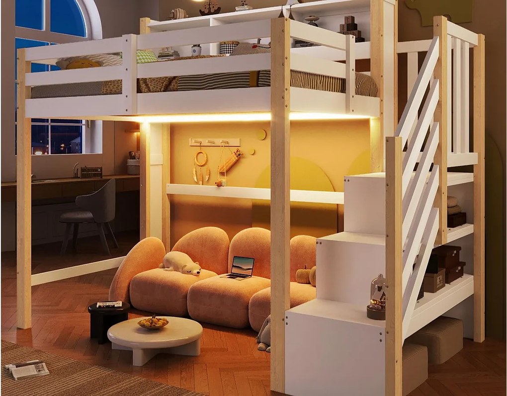 Łóżko na antresoli 90x200cm - z oświetleniem LED - z drabiną z pojemnikami - Biały + Naturalny​ (materac nie jest wliczony w cenę)