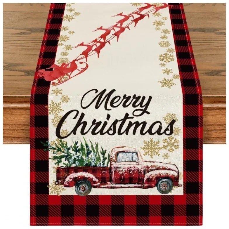 Lniany świąteczny bieżnik MERRY CHRISTMAS 33x180 cm, czerwony