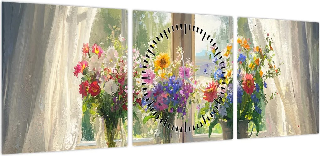 Obraz - Bukiet przy oknie (z zegarem) (90x30 cm)