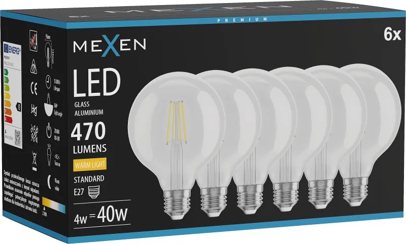 Mexen Vintis 6x żarówka filament LED E27, G95, 4W, Ciepła - 2700K, 470 lm, clear - L157-E27-0427-00x06