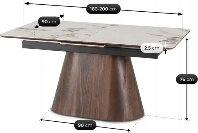 Stół Rozkładany Prostokątny LIZBONA 160-200 cm Ceramiczny Biały Marmur/Orzech Japandi