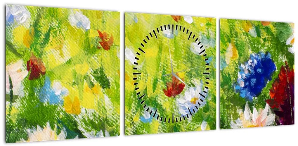Obraz kwitnącej łąki, obraz olejny (z zegarem) (90x30 cm)