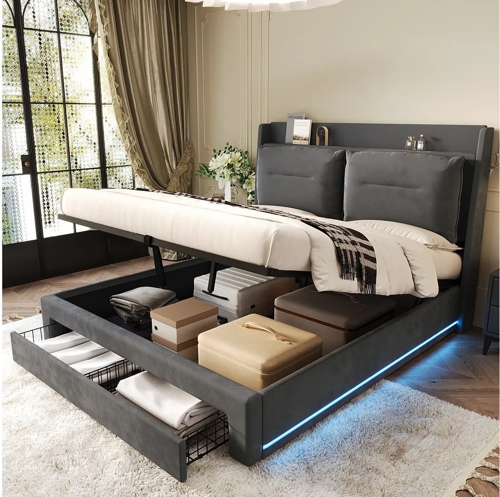 Łóżko ze schowkiem 180 x 200 cm z wezgłowiem i 2 szufladami - LED - Aksamit - Ciemnoszary (bez materaca)