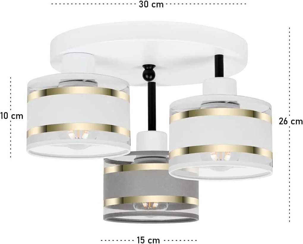 Lampa sufitowa biała trzypunktowa z szaro-białymi abażurami T-3030WE-W