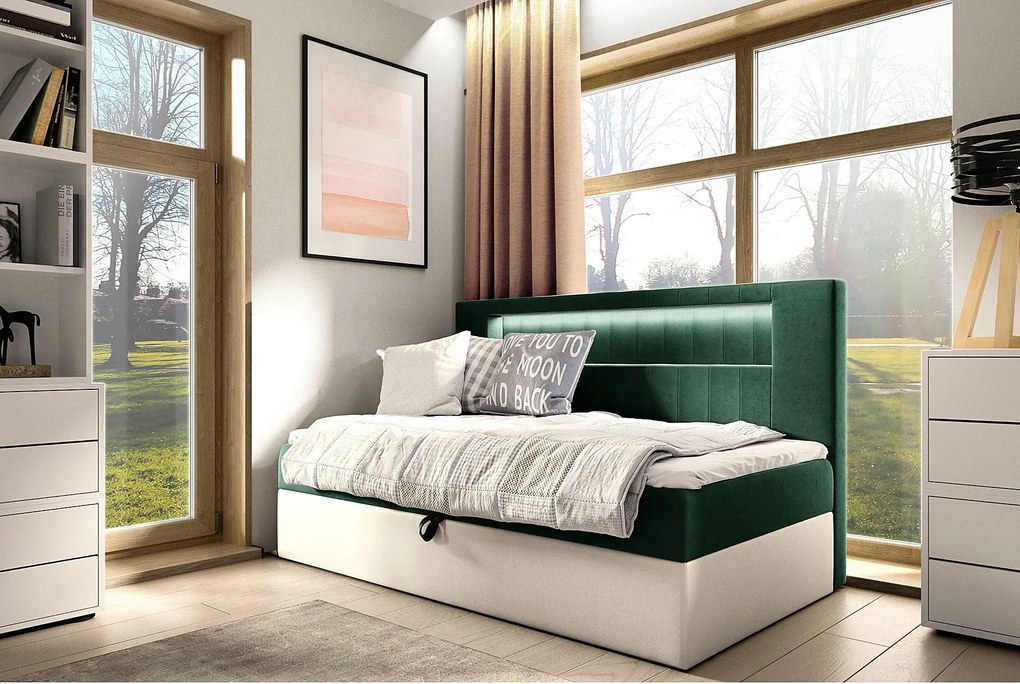 Ciemnozielone jednoosobowe łóżko kontynentalne LED 3 rozmiary C4-F77