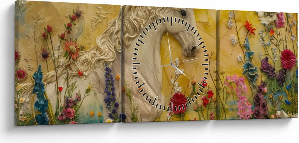 Obraz - Jednorożec z kwiatami (z zegarem) (90x30 cm)