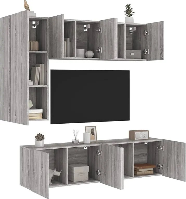 Zestaw mebli ściennych TV 5-częściowy z szarego forniru dębowego Sonoma