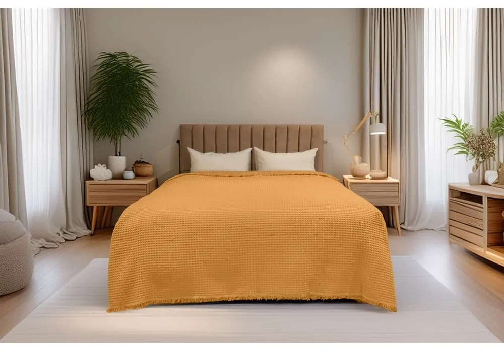 Bawełniana narzuta w kolorze miedzi 140x200 cm Waffle – Mijolnir