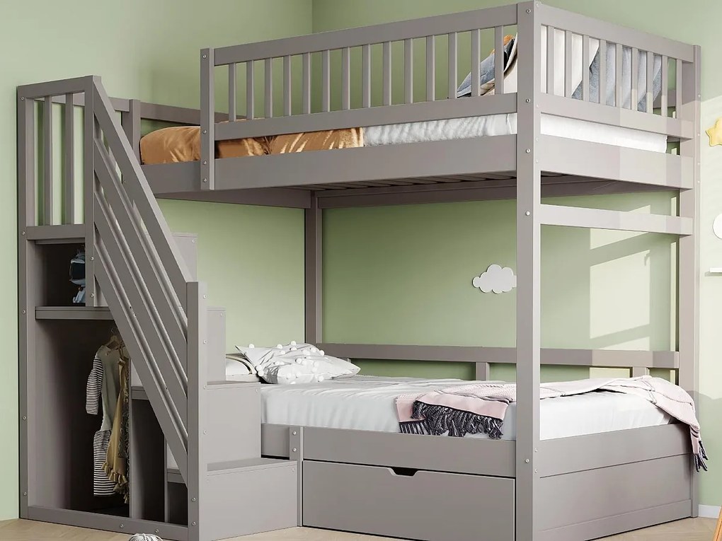 Łóżko piętrowe 90x200cm - z drabinką bezpieczeństwa - z 1 szufladą - z stelażem na listwach - szare (materac nie wliczony)