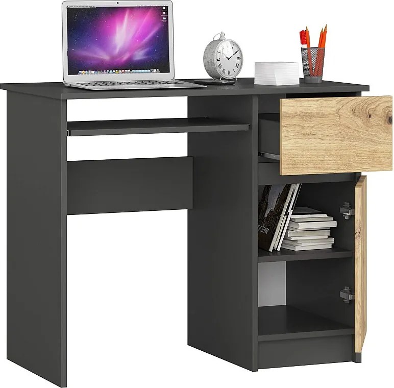 Biurko komputerowe AKORD PIKSEL Grafit Szary 90 cm prawe 1 drzwi 1 szuflada kolor Dąb Artisan mat 3 półki 90x50x77 cm