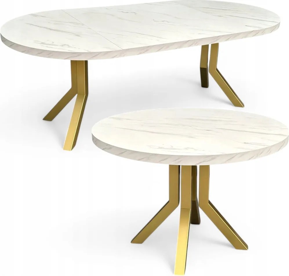 Stół okrągły rozkładany MARMUR BIAŁY Ø110/210 cm NOGI ZŁOTE METAL X SLIM
