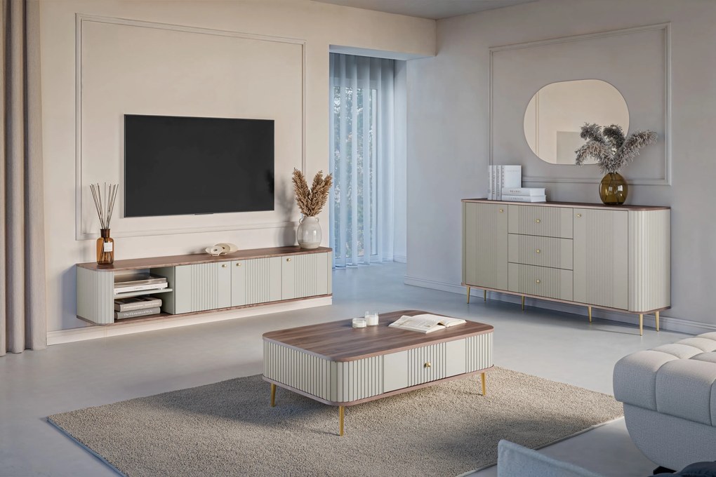 Szafka RTV wisząca Vesper 187 cm trzydrzwiowa - kaszmir / orzech / złote uchwyty