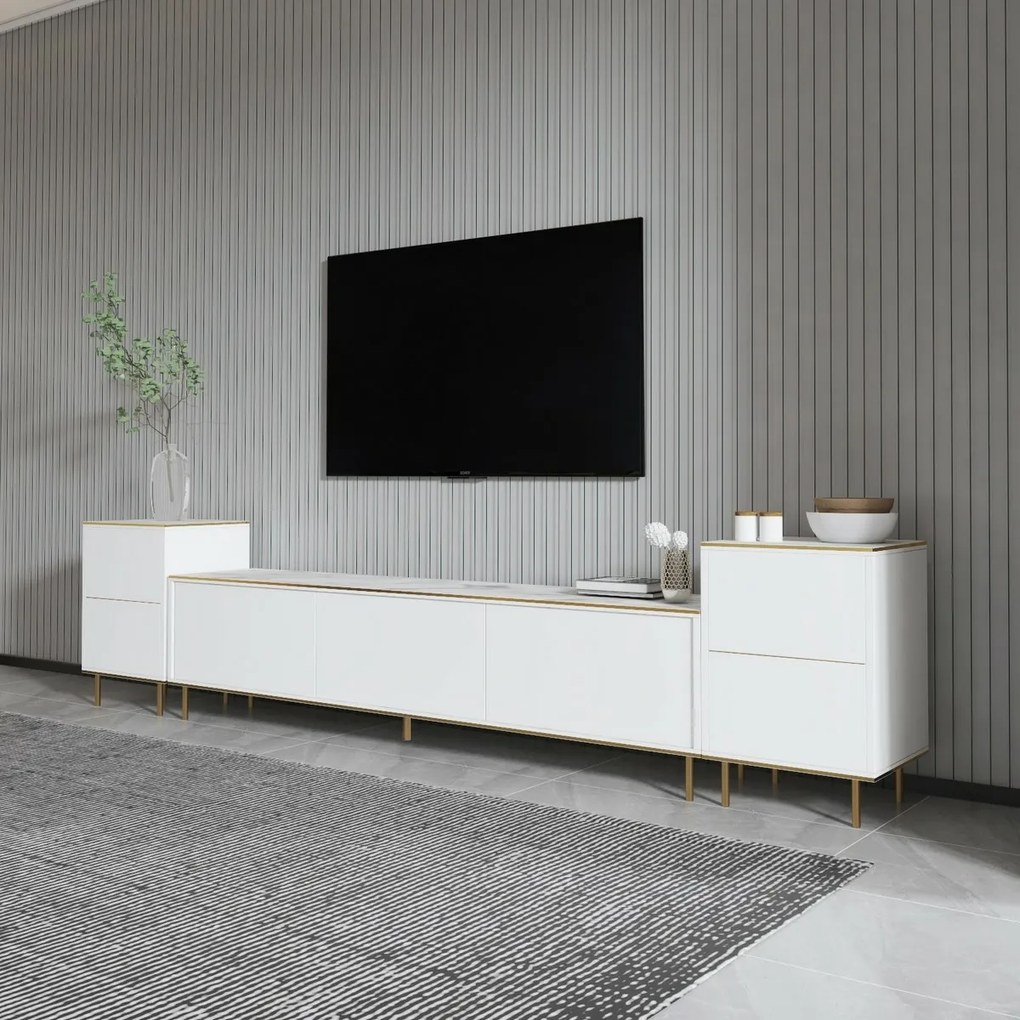 Stolik pod telewizor z szafkami Imej White Marble and Gold