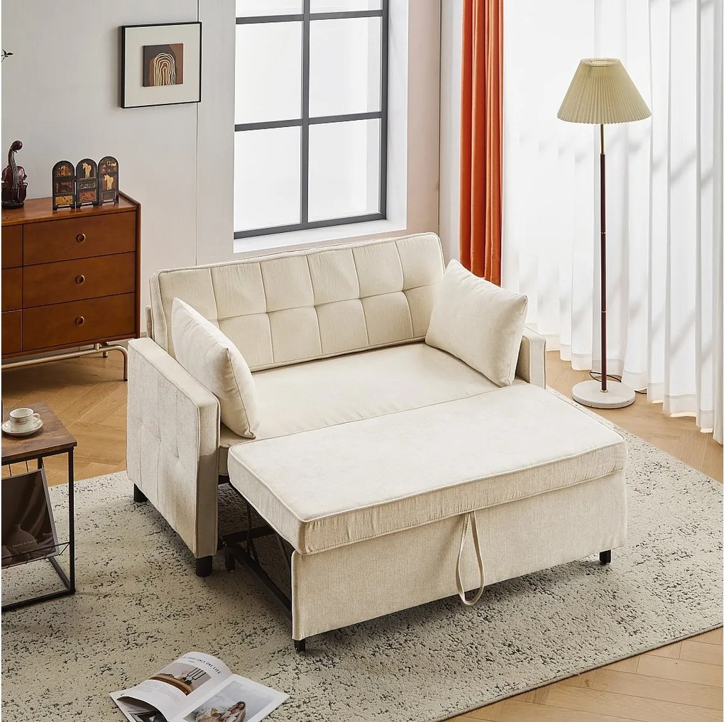 Sofa 2-osobowa rozkładana, rozkładana sofa z tkaniny szenilowej - 142 x 79/174 x 85 cm - z funkcją spania i regulowanym oparciem - beżowa