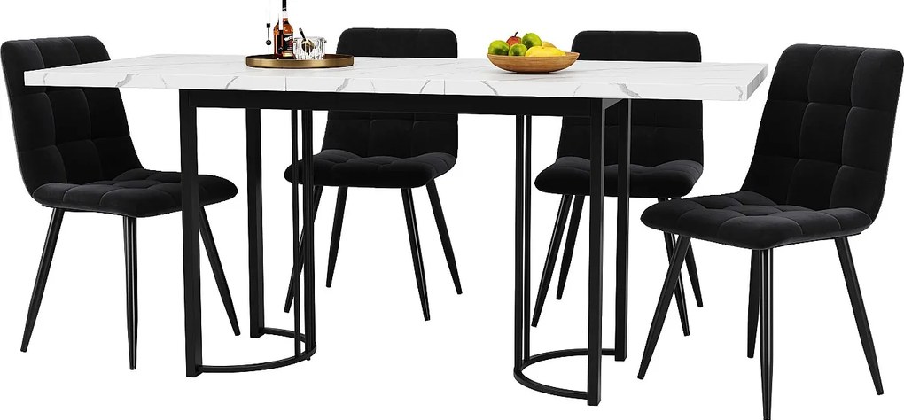 Zestaw stół rozkładany + 4 krzesła welurowe - 140/179,5 x 80 x 75,5 cm - MDF + nogi metalowe - biały + czarny
