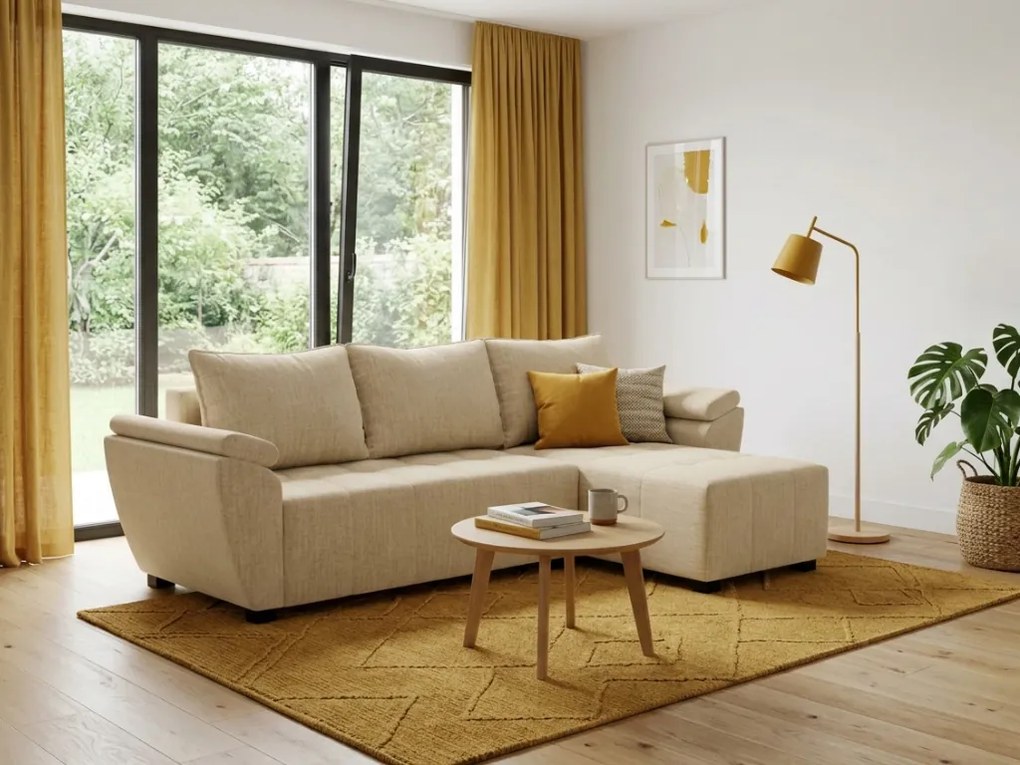 Rozkładana narożna sofa LIVARO 305x140 cm, kremowa, uniwersalna
