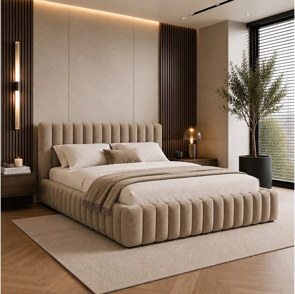 FURNISTAR Łóżko tapicerowane BLIVIO 180x200 cm|z pojemnikiem na pościel|Stelaż|Łóżko dwuosobowe|Wygląd łóżka kontynentalnego-Cappuccino