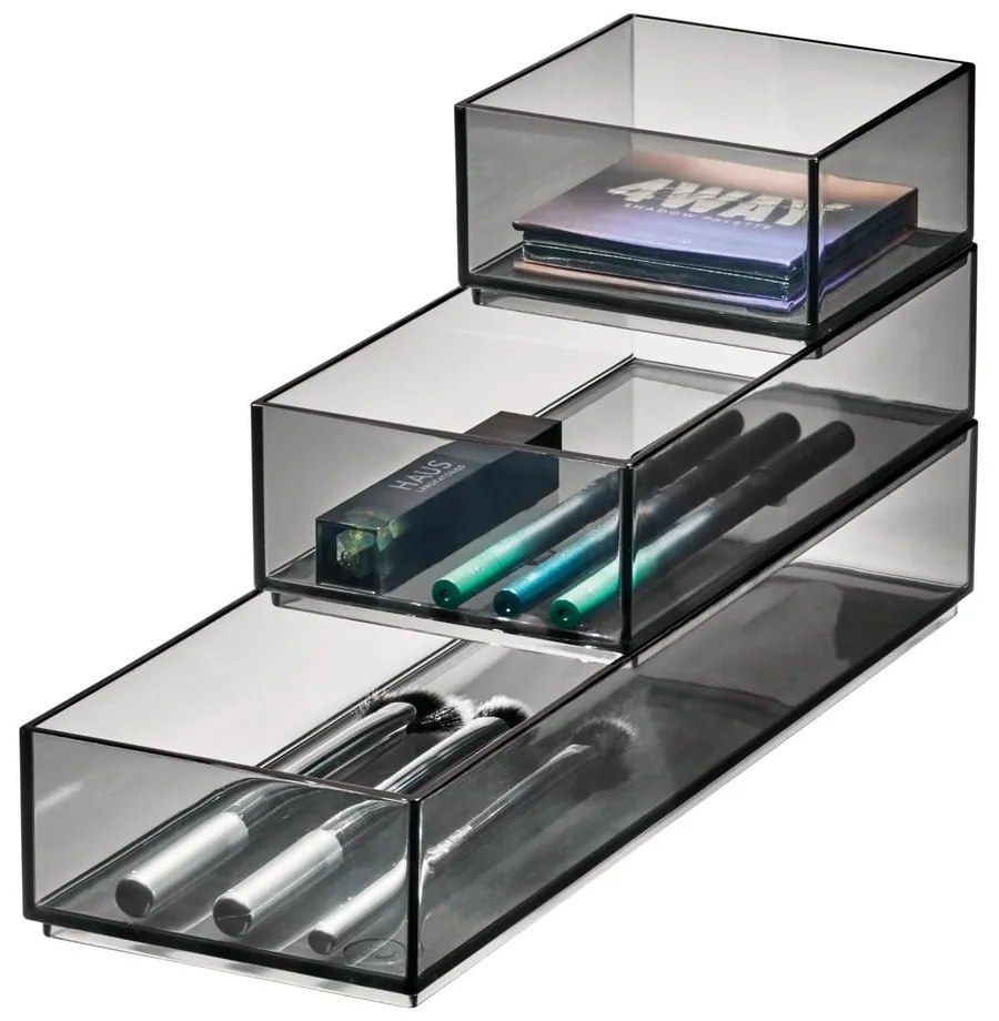 Organizery łazienkowe na kosmetyki z plastiku z recyklingu w kolorze matowej czerni zestaw 3 szt. Stack & Slide – iDesign