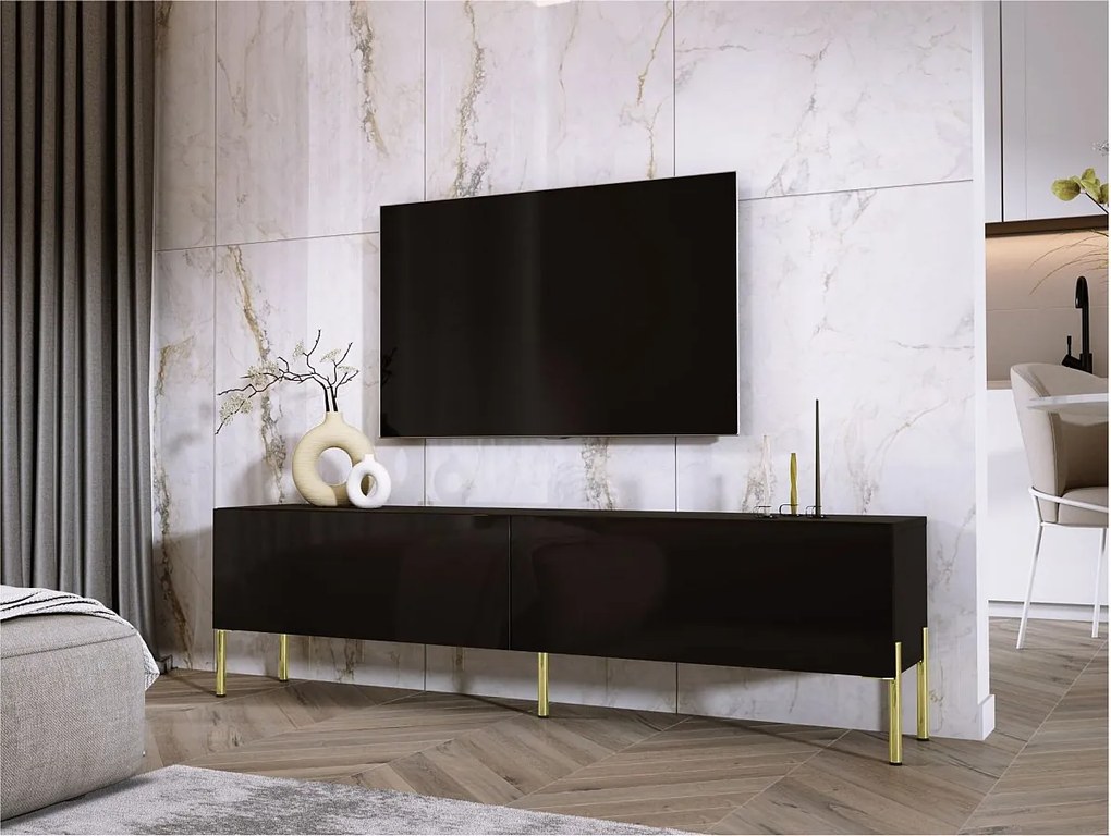 Szafka RTV: Czarny mat, złote nogi, 170 x 52 x 32 cm