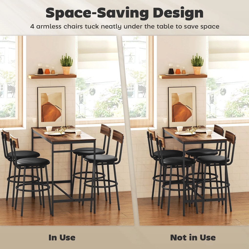 HOMCOM 5-częściowy Zestaw Bartowy z 4 Hockerami, Design Industrialny, do Kuchni, Jadalni, Drewno, Stal, Brązowy