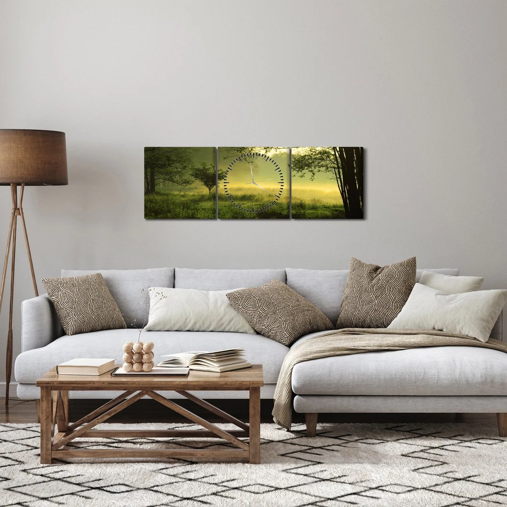 Obraz - Budzący się las (z zegarem) (90x30 cm)