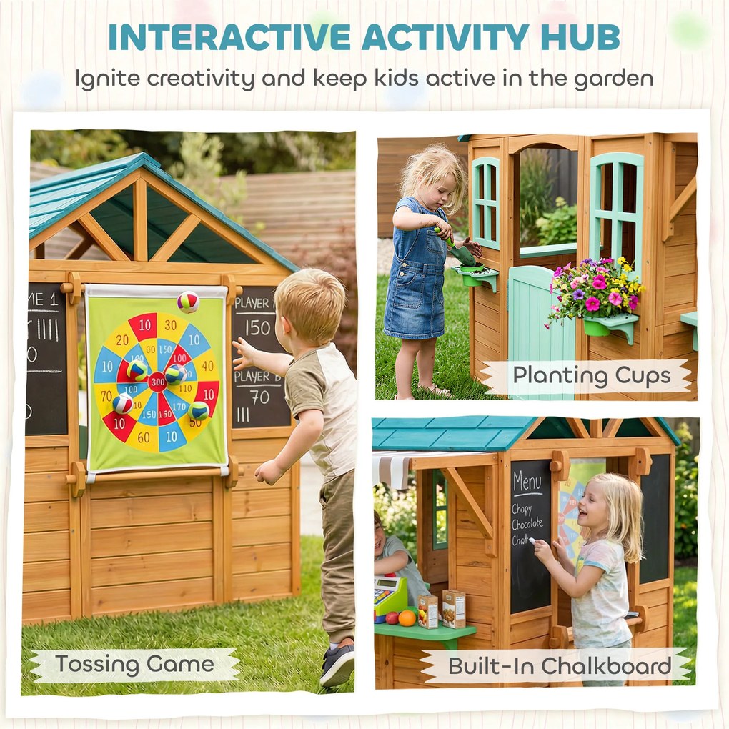 AIYAPLAY Drewniany domek dziecięcy na zewnątrz z ladą sprzedażową, skrzynką na rośliny, tablicą kredową, tarczą do rzucania 4 piłki 142 x 120 x 141,5 cm Wielobarwny | Aosom PL