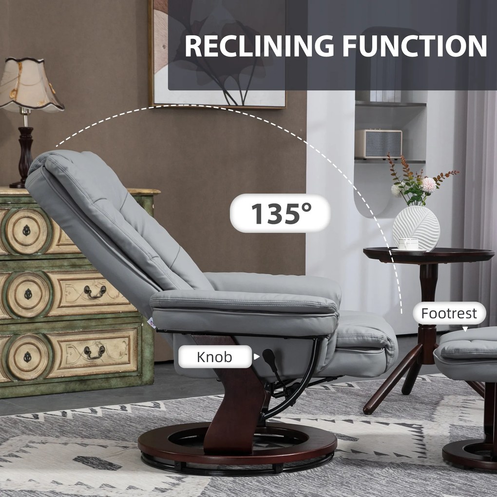 HOMCOM Fotel relaksacyjny z podnóżkiem, obrotowy, z regulowaną oparciem, w wyglądzie skóry, do 130 kg, Szary