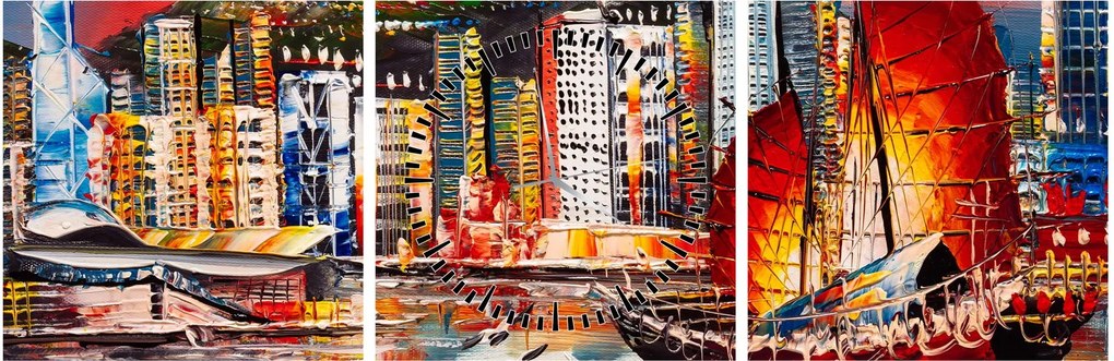 Obraz - Victoria Harbor, Hong Kong, obraz olejny (z zegarem) (90x30 cm)