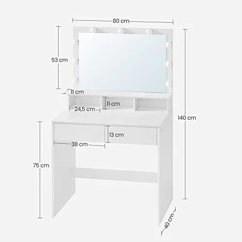 SongmicsHome Toaletka VANESA z dużym lustrem i oświetleniem, 80x40x140 cm, biała