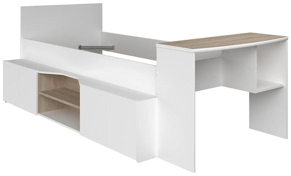 Łóżko piętrowe 90 x 190/200 cm z biurkiem i schowkami - Biały i naturalny - JOCHIANE