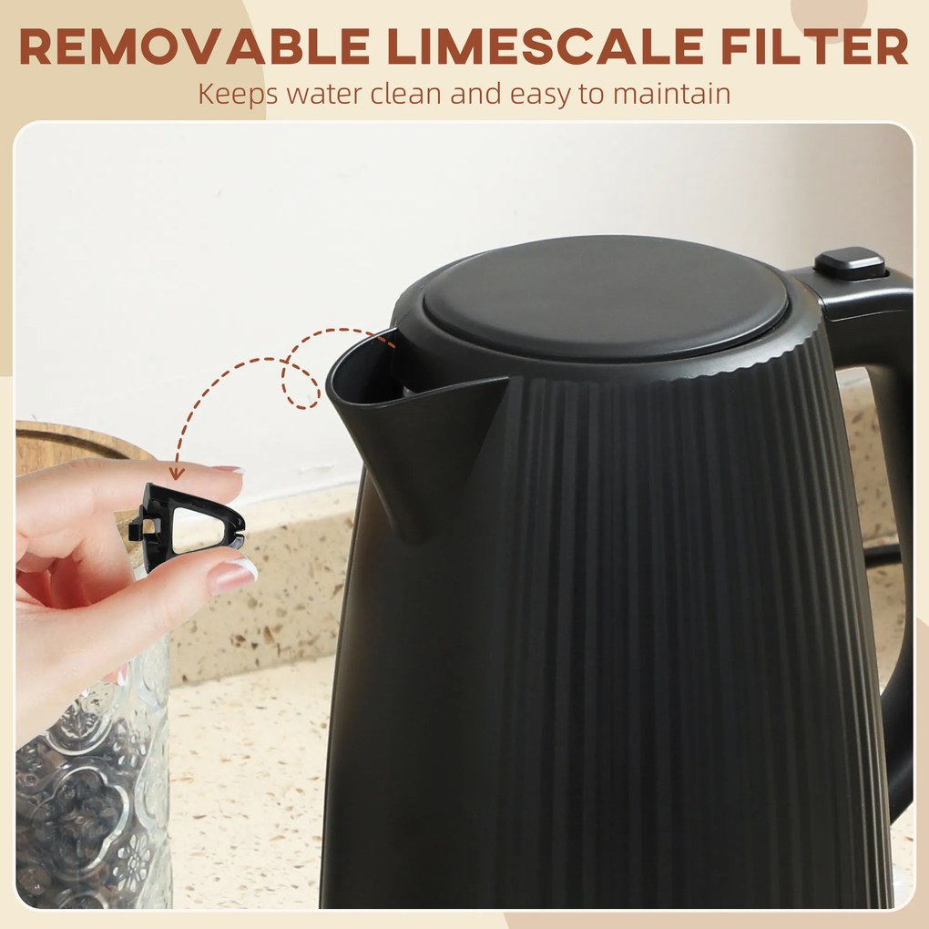 HOMCOM Elektryczny czajnik, 1,7 l, funkcja szybkiego gotowania, 2025 W, z wyjmowanym filtrem kamienia, automatyczne wyłączanie, czarny | Aosom PL