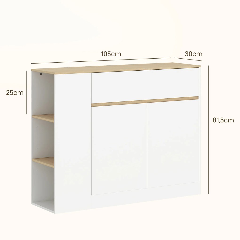 HOMCOM Sideboard z dużą szafką, 3 półkami, szufladą, 105 x 30 x 81,5cm, Biały/Drewno