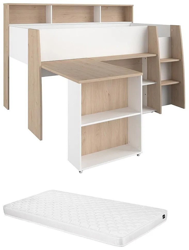 Łóżko piętrowe 90 x 200 cm z biurkiem i schowkami - Biały i naturalny + Materac - APOLINO