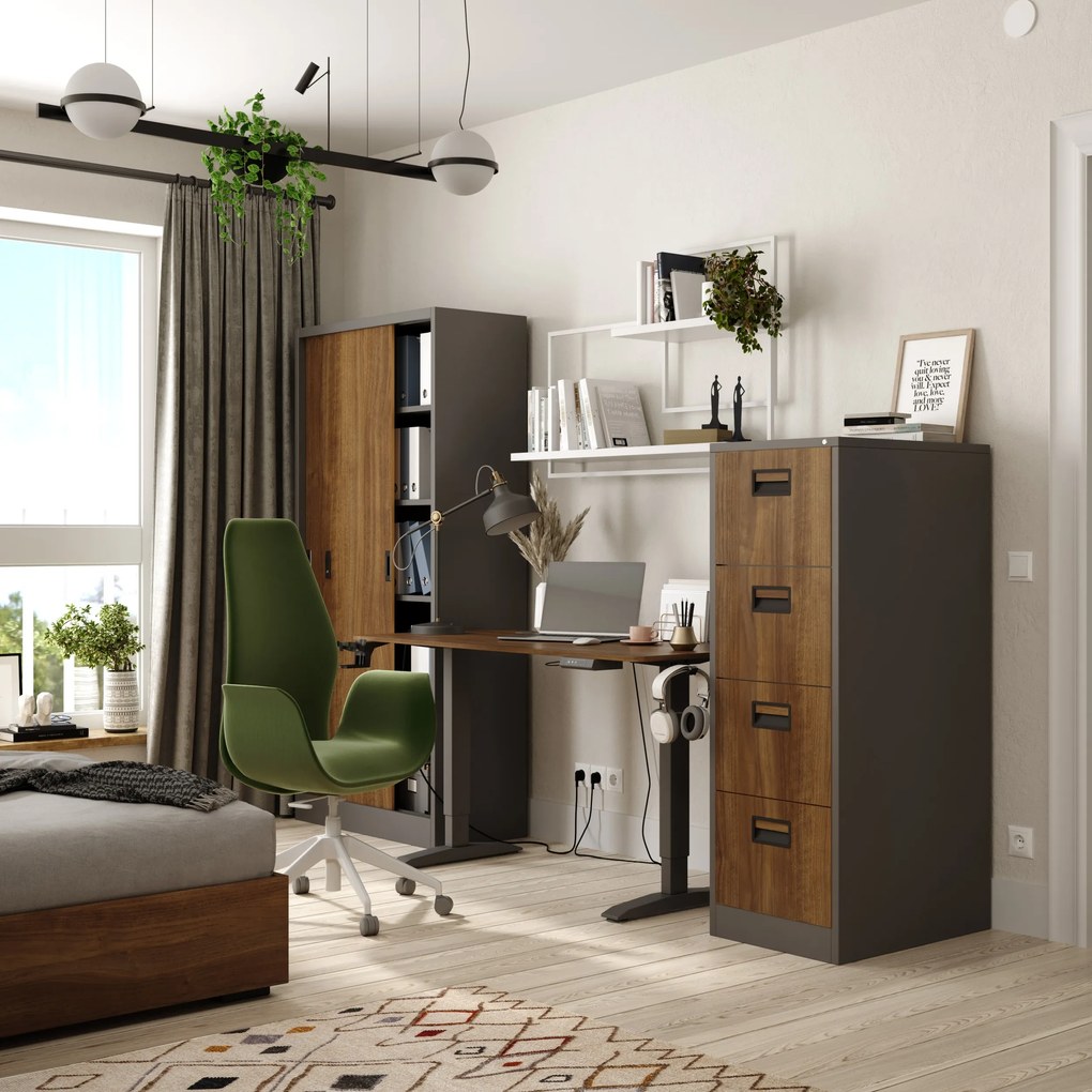 Biurowa szafa metalowa z drzwiami przesuwnymi KUBA, 900 x 1850 x 400 mm, Eco Design: antracytowa/ orzech