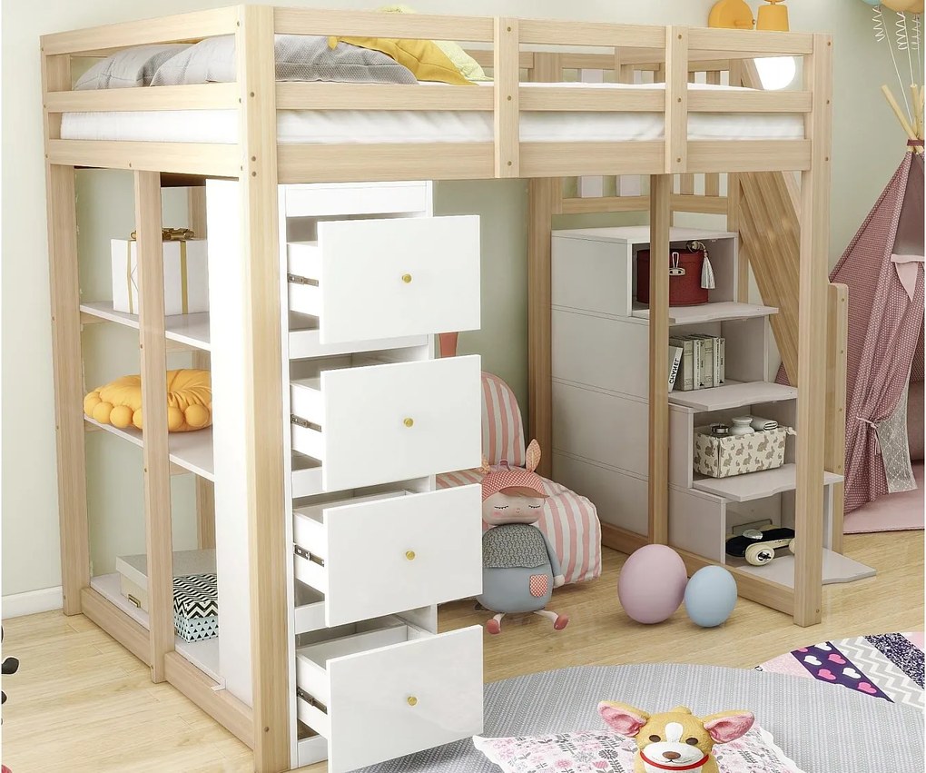 Łóżko mezzanine 140x200cm z litego drewna - z 4 szufladami i schodami do przechowywania - Naturalne (materac nie jest w zestawie)