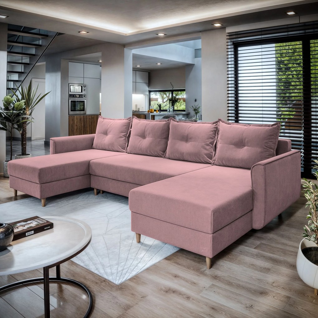 Masseno Narożnik VERNI z funkcją spania i pojemnikiem na pościel Narozniki U, Rozkładana sofa - Pudrowy róż, KRONOS 27