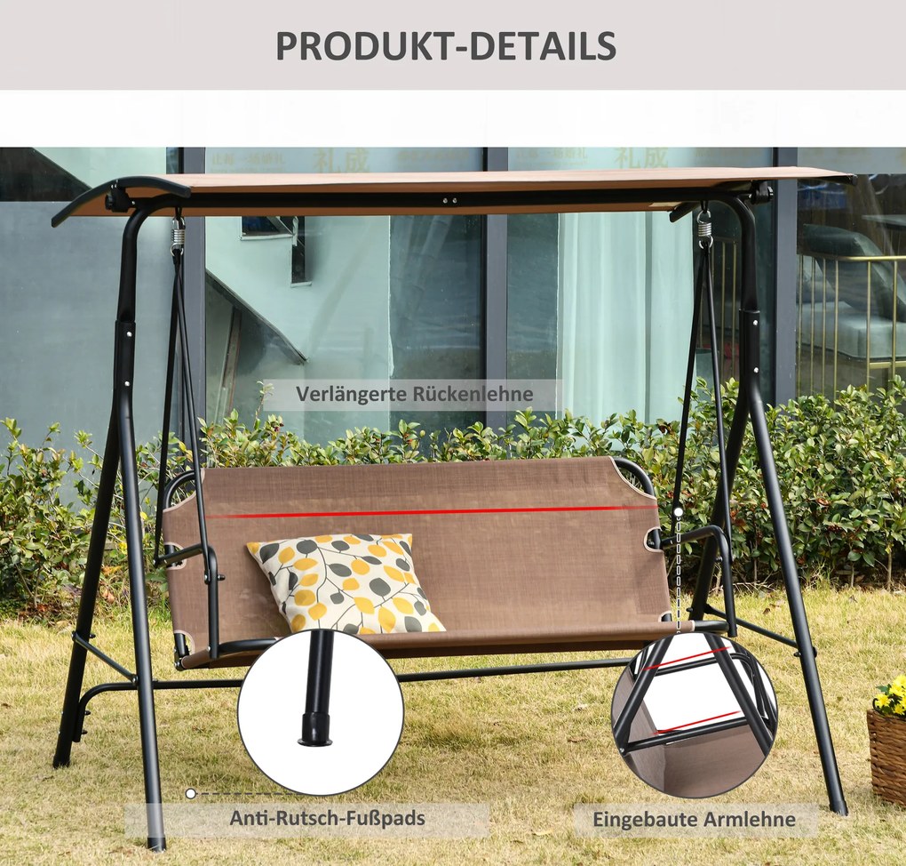 Outsunny Huśtawka 2-osobowa z Dachem Metalowa Odporna na UV Idealna do Wypoczynku w Ogrodzie Brązowy | Aosom PL