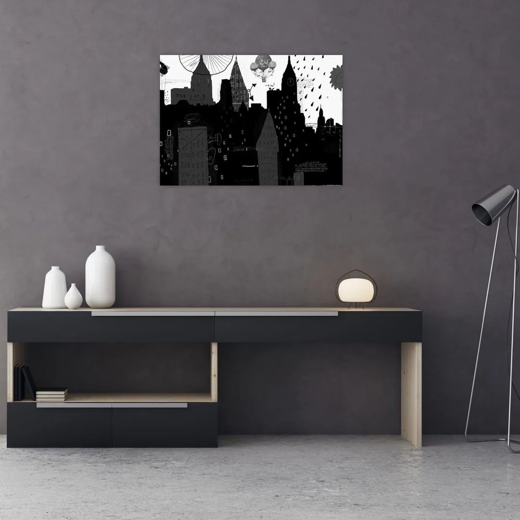Obraz na szkle - Miasto z napisami i wzorami (70x50 cm)