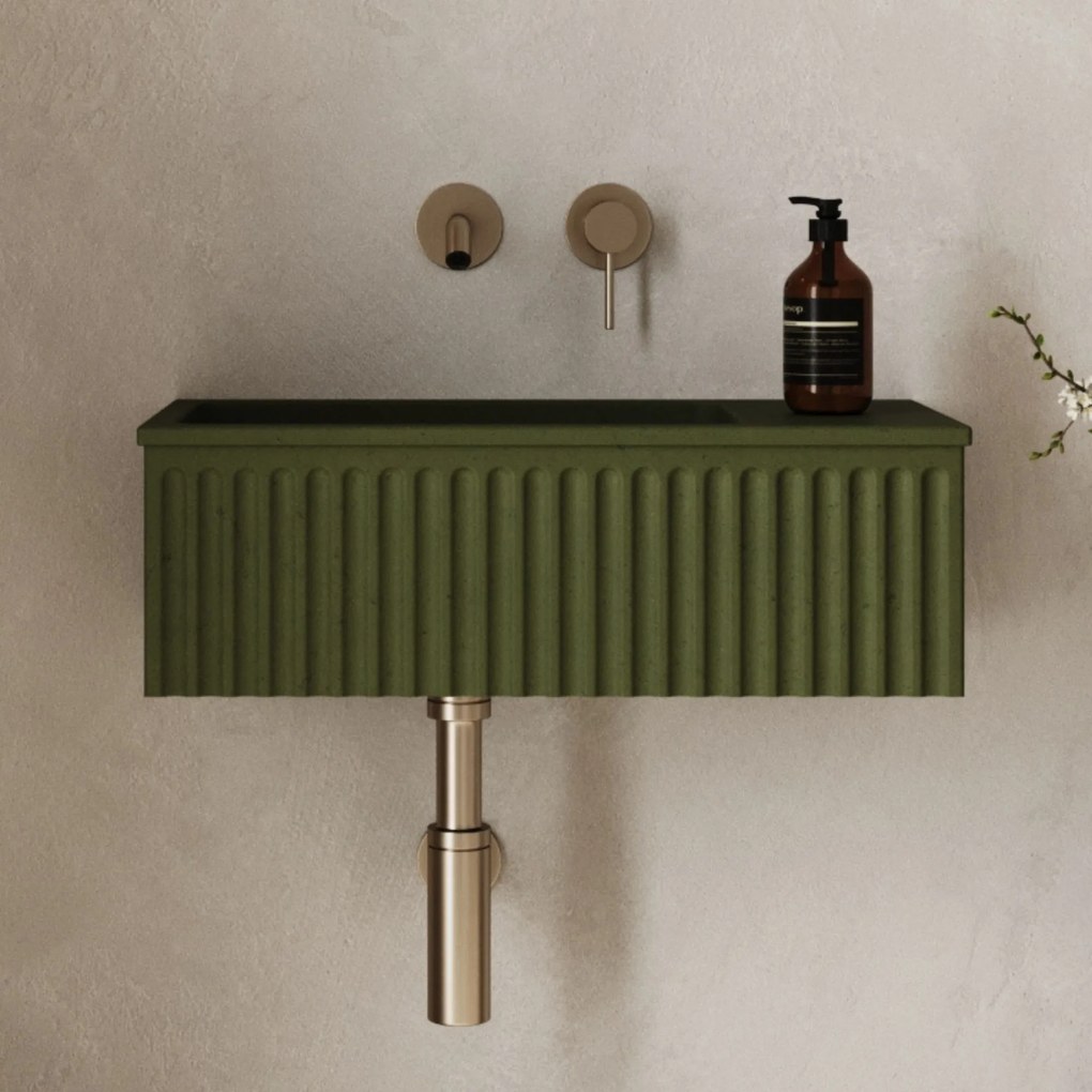 Umywalka betonowa ryflowana nablatowa / wisząca prostokątna 60 x 30 cm WELLE oliwkowa | różne kolory : Kolor - Oliwkowy, Typ montażu - podwieszana