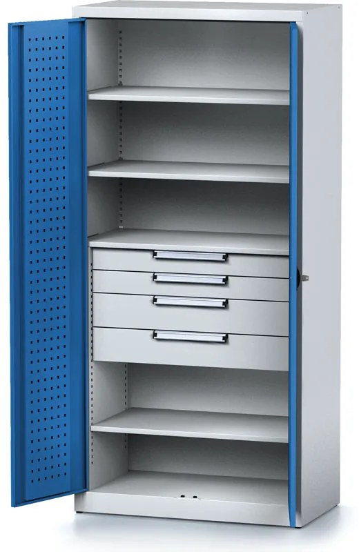 Szafa warsztatowa MECHANIC, 1950 x 920 x 500 mm, 4 półki, 4 szuflady, niebieskie drzwi
