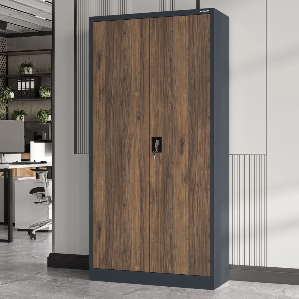 Biurowa szafa metalowa JAN, 900 x 1850 x 400 mm, Eco Design: antracytowa/ orzech