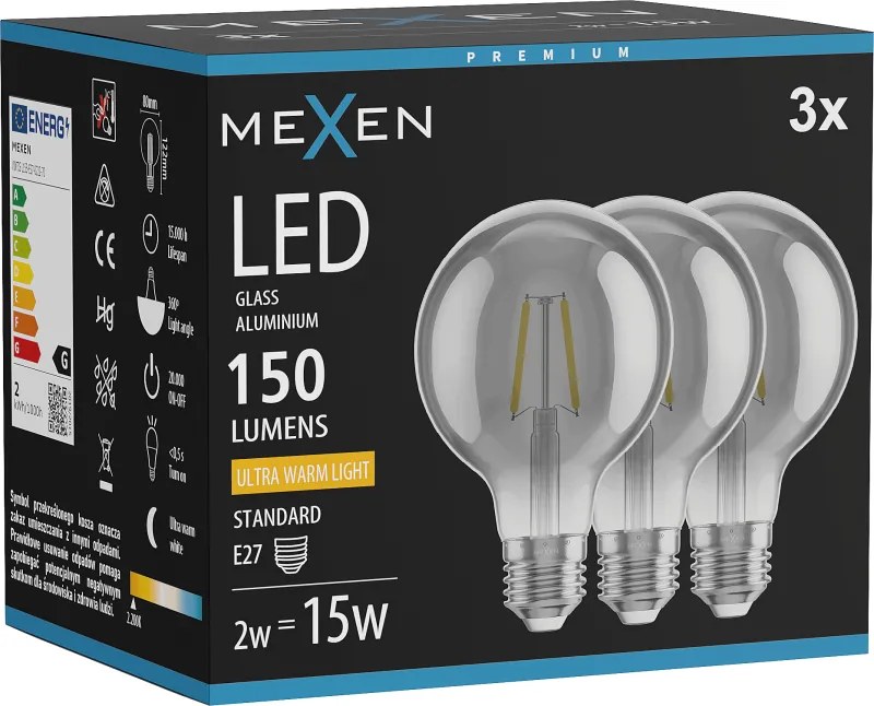 Mexen Vintis 3x żarówka filament LED E27, G80, 2W, Ciepła - 2200K, 150 lm, smoke - L155-E27-0222-70x03