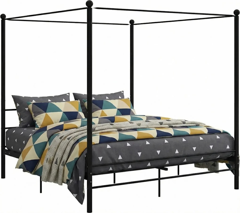 Czarne industrialne łóżko małżeńskie z baldachimem 160x200 cm K7-M00