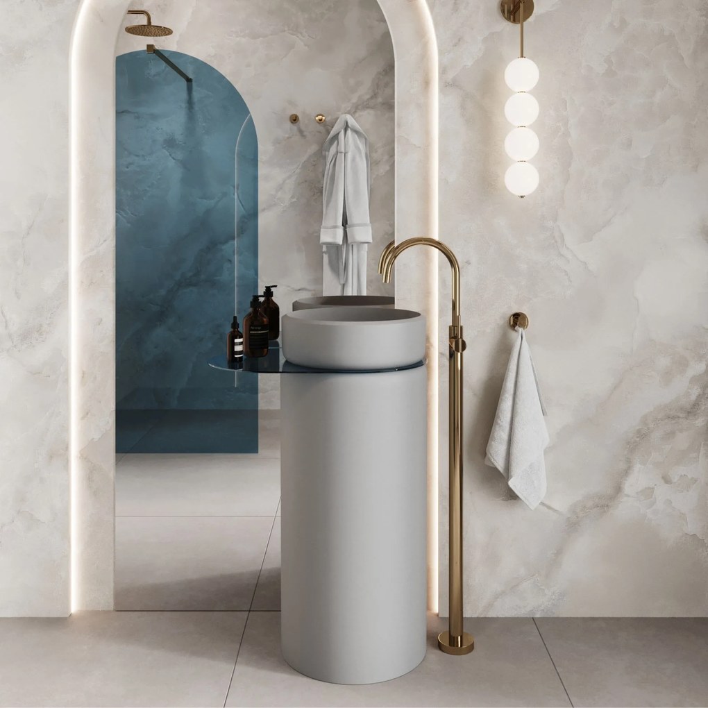 Umywalka z konglomeratu wolnostojąca okrągła z półką szklaną 85 x 40 cm RONA bez przelewu | Różne kolory półki : Kolor szkła - Niebieski, Kolor umywalki RONA - Szary połysk, Półka - Szklana