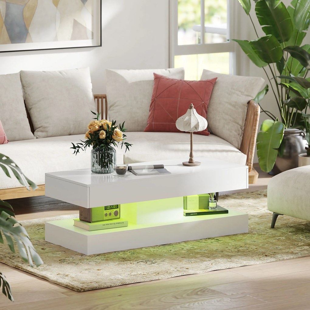 HOMCOM Stół do salonu z szufladami i lampkami LED, nowoczesny stół do kanapy z otwartą półką, stół kawowy, płyta wiórowa, Biały
