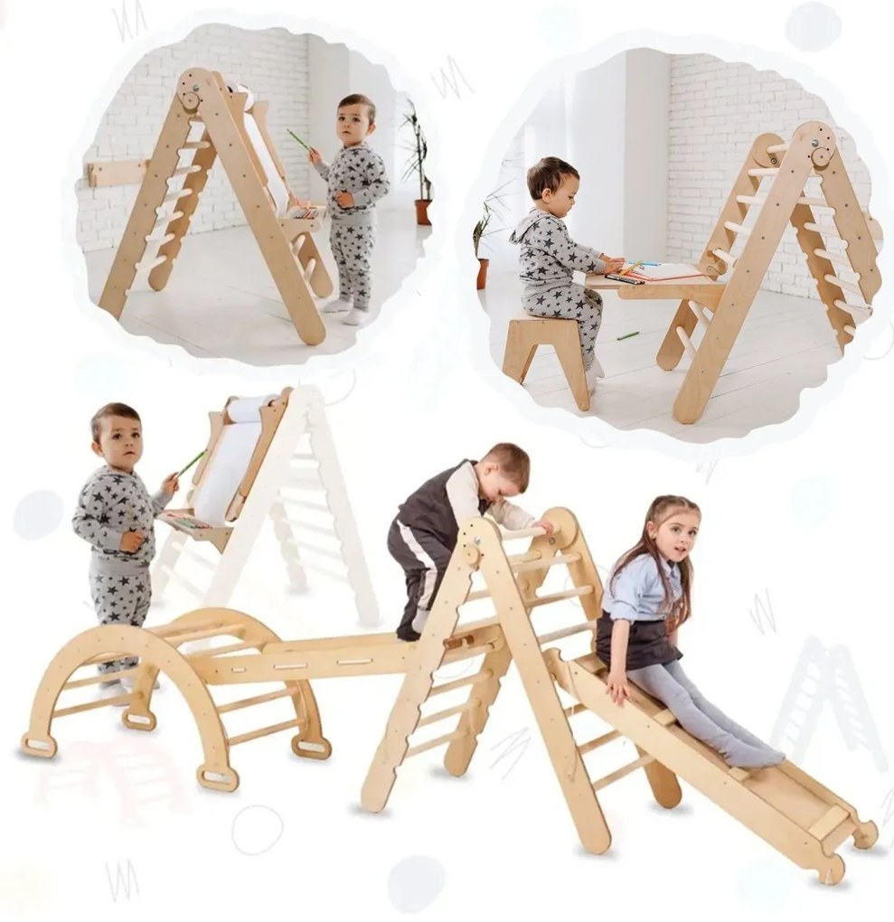 Zestaw Wspinaczkowy Montessori dla Dzieci 5 w 1 : Drabinka Pikler + Bujak + Zjeżdżalnia + Siatka + Przystawka do Rysowania