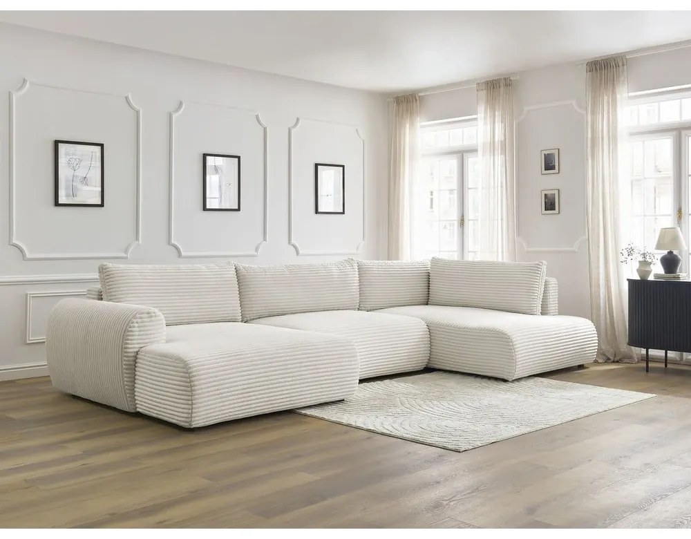 Kremowy sztruksowy rozkładany/ze schowkiem narożnik (prawostronny/w kształcie litery U) Lucien – Bobochic Paris