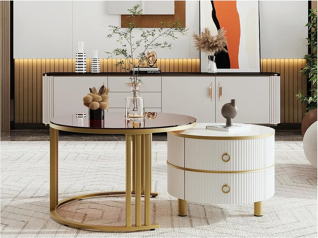 Zestaw 2 stolików kawowych z 2 szufladami - blaty ze szkła hartowanego brązowego - białe