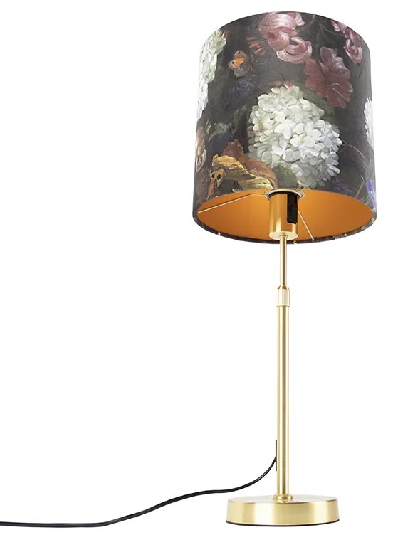 Lampa stołowa złota/mosiądz z abażurem z aksamitu z kwiatami 25 cm - Parte klasyczny/Antyczny Oswietlenie wewnetrzne