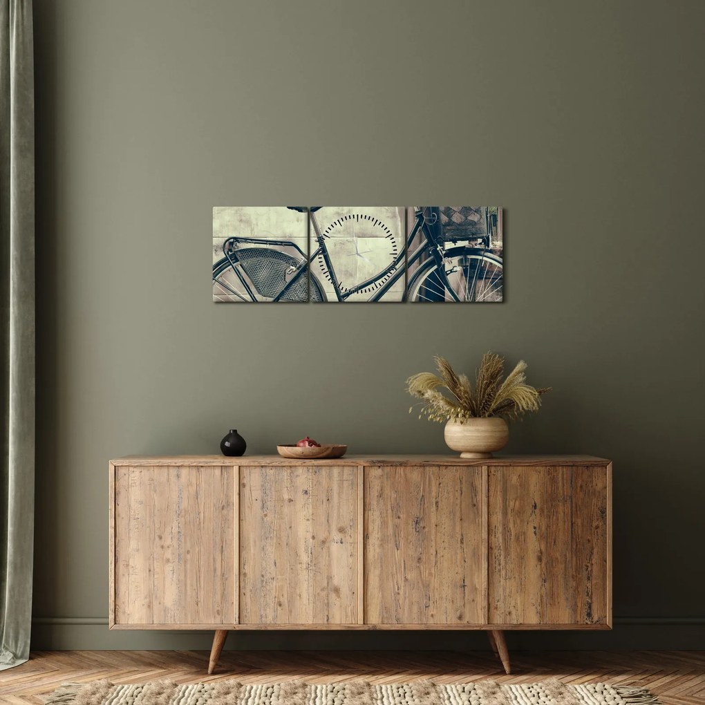 Obraz - Vintage rower z kwiatami (z zegarem) (90x30 cm)
